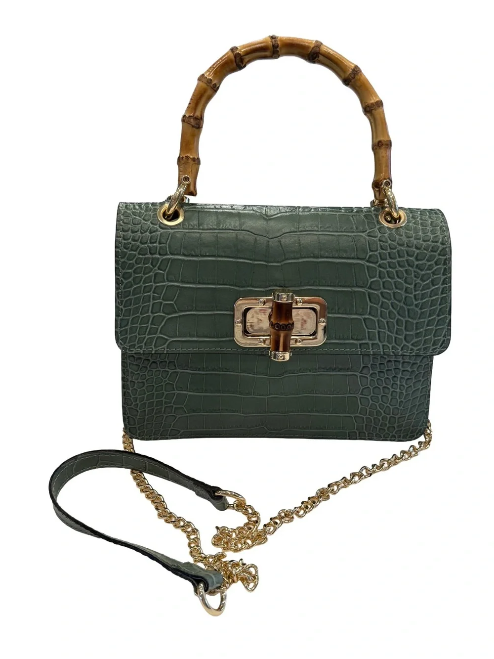 Borse In Pelle Italy Women’s Croc Leather Sage Green Handbag Crossbody NEW